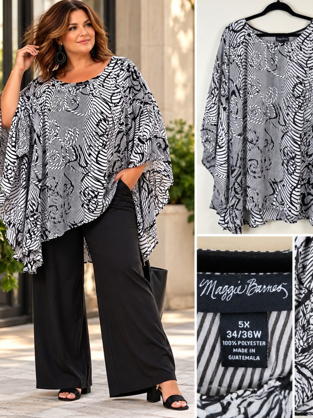 Maggie Barnes 5X Lagenlook Artsy Boho Black White Floral Draped Blouse NWT